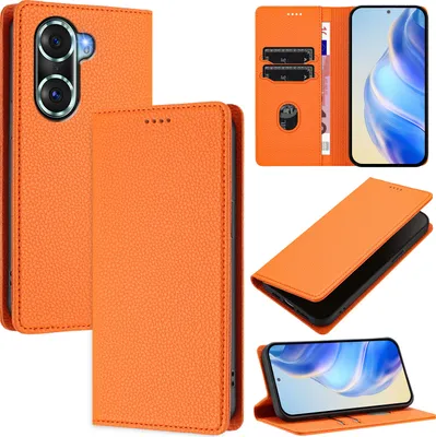 Image de Etui en cuir pour Honor 60 Pro, cuir Litschi, étui portefeuille avec fentes pour cartes et support Orange
