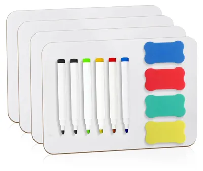 Produktbild von Kleines A4 Whiteboard, tragbar und doppelseitig, mit Stiften und Radiergummis, 4 Stück, 20,3 x 30,6 cm