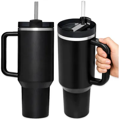 Produktbild von Thermobecher 1,2 L mit Strohhalm Griff Deckel Edelstahl Reisebecher Schwarz 1200 ml