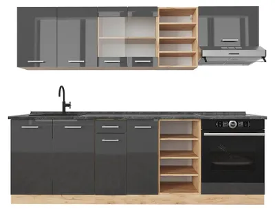 Zdjęcie produktu dla Zabudowa kuchenna Vicco R-Line Antracytowy wysoki połysk/złoty dąb power 240 cm , BP Antracyt, Model 43339