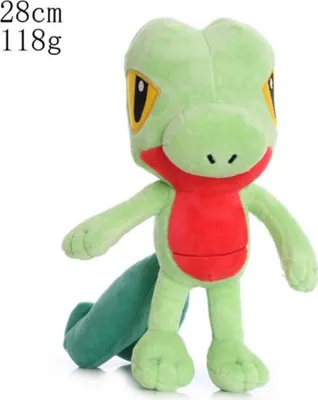 A plush toy of a green lizard-like creature with red on its chest and yellow eyes, standing against a white background.
