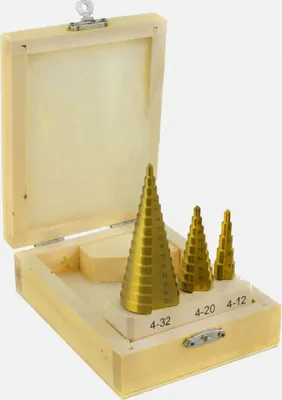 Produktbild von HSS Stufenbohrer Set Schälbohrer Konus Kegelbohrer Gold 4-32 3 tlg (WIER-S-HSS-3)