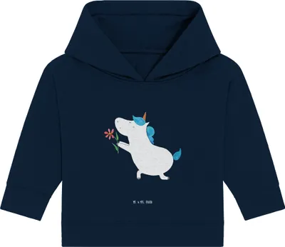 Produktbild von Mr. & Mrs. Panda Organic Baby Hoodie Einhorn Blume 12. - 18. Monat - French Navy - Geschenk, Freundin, Heiratsantrag, Einhörner, Unicorn, Liebe, Kapuzenshirt
