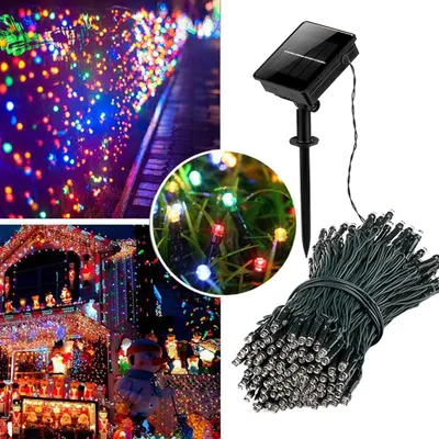 Collage of images showing solar string lights used for decoration on a house, a path, and in grass, along with a close-up of the solar panel and the coiled string lights.