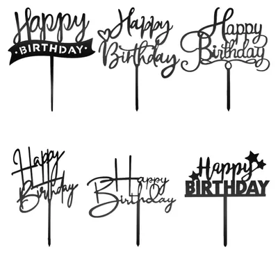 6 Acryl Happy Birthday Tortenaufsätze – schwarz