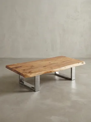 Produktbild von Massiver Akazienholz Couchtisch mit Baumkanten, Landhausstil, stabile Metallbeine. 115x58x25 cm | Kadima Design