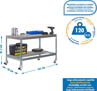 Produktbild von Metallarbeitstisch und Montage ohne Parafuses SIMONWORK MOBILE BT0 1500 GALVA/WOOD