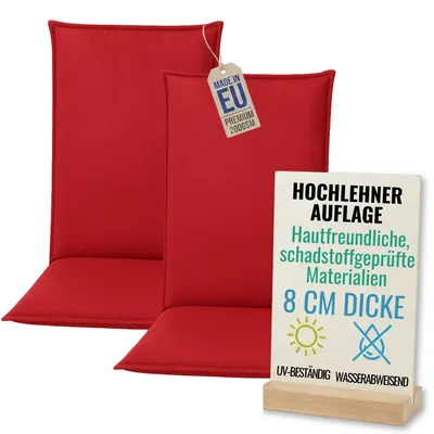 Produktbild von Pillows24 - 2x Hochlehner Auflagen 120x50x8 cm | Bequeme & Wetterfeste Gartenstuhlauflagen | Polster Sitzkissen für  Gartenmöbel |   EU | Rot