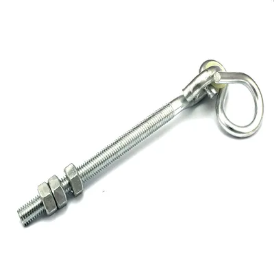 A metal swing hook with nuts and a threaded rod, isolated on a white background.