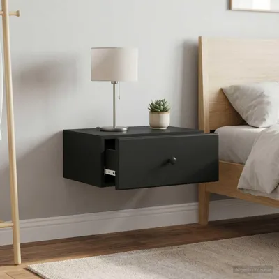 Image de Table de chevet murale exclusive - Lot de 2, couleur noire, dimensions : 49 x 34,5 x 20 cm