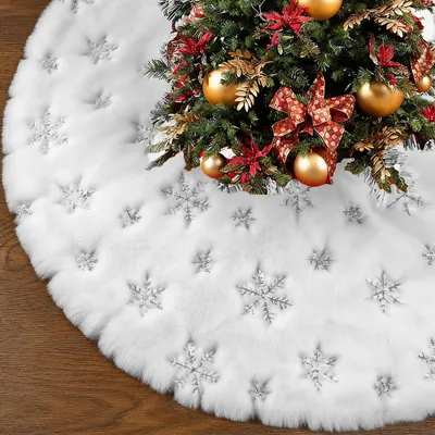 Runde Baumdecke 90 cm weiß Plüsch Schneeflocken