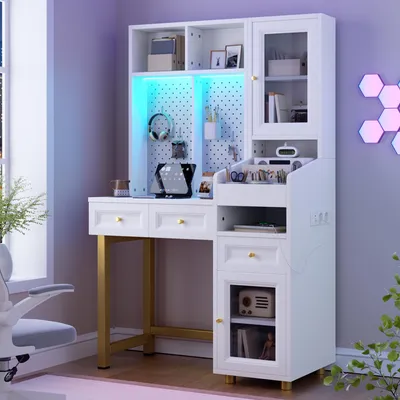 Produktbild von okwish multifunktionaler Schminktisch mit LED und Steckdosen, Kosmetiktisch mit Lochwand und Glastür, Viel Stauraum,Weiß