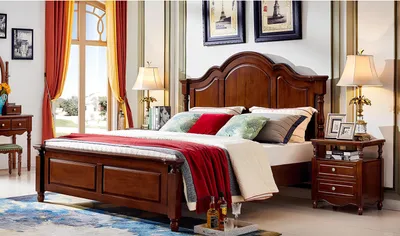 Image de Lit double classique Chambre à coucher Meubles en bois Design Lits Massifs Marron