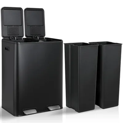 Produktbild von Küchen Mülleimer - Doppel Abfalleimer 60 l - 2 Kammern - Edelstahl - Fußpedal - Soft-Close Deckel - Geruchskontrolle - Schwarz