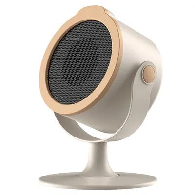 A white and tan portable heater on a white stand.