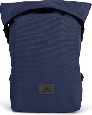 A navy blue backpack with a rolled-top closure.