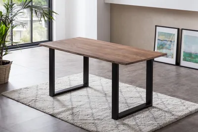 Produktbild von Esstisch Baumkante massiv 180 x 90 cm Akazie stone U-Gestell schwarz LAURINA