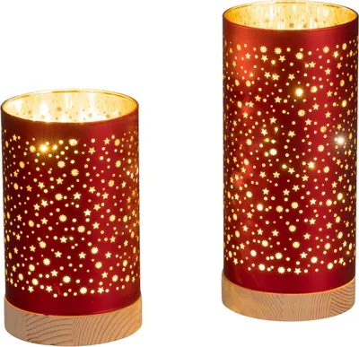 Produktbild von 2er Set LED Tischlampen Zylinder STARS Sterne rot H. 15 +20cm Glas Formano W25
