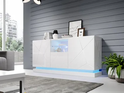 Image de Commode avec portes et éclairage LED bleu LIMA – blanc / blanc brillant