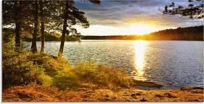 Produktbild von ARTland Glasbild Sonnenuntergang über See Algonquin Park Größe: 100x50 cm