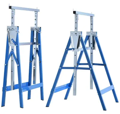 Image de Supports de scaffolding, lot de 2 - Supports de travail réglables | Couleur : Bleu | Dimensions : 58 x 68 x 80-130 cm