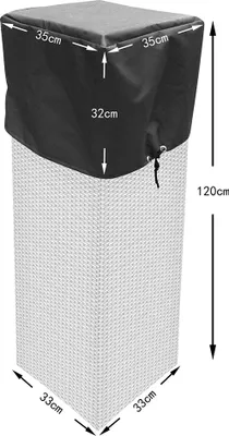 A black cover is shown on top of a white, woven rectangular object, with dimensions indicated by text and arrows.