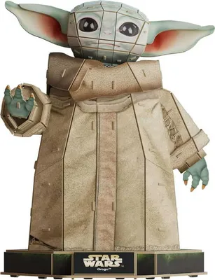 A 3D puzzle model of Grogu from Star Wars.