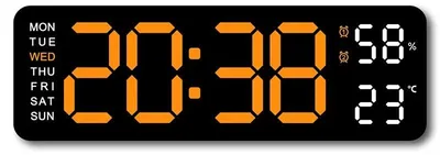 Produktbild von Digitale LED-Wanduhr mit Temperatur- und Luftfeuchtigkeitsanzeige, 2 Alarmen, Dimmer, USB, 12/24 h - Schwarz-Orange
