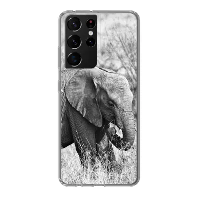 Produktbild von MuchoWow® Handyhülle Schutzhülle Hülle für Samsung Galaxy S21 Ultra Elefant - Tiere - Gras - Schwarz und weiß Silikon Softcase Handy Hülle - Mobiltelefon