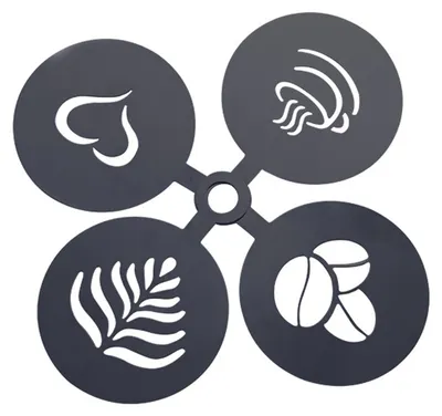 A set of four dark gray coffee stencils with cut-out patterns, arranged in a cross shape.
