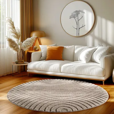 Produktbild von Homebyhome Hochflor Teppich Wohnzimmer Skandinavische Boho Design 3D Optik Teppich Shaggy Flauschig Weich, Grösse: 200 cm Rund