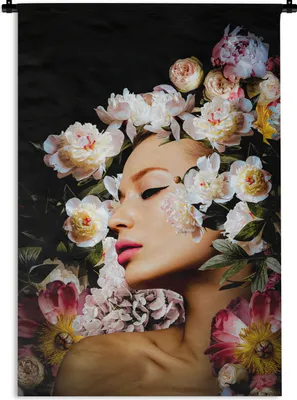 Produktbild von MuchoWow® Wandteppich Wandbehang Frauen - Blumen - Rosen - Porträt 60x90 cm Tapisserie Dekoration Wandtuch - Foto-Teppich - Abwaschbar