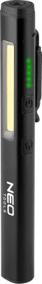 A black flashlight with a bright LED light and green indicator lights.