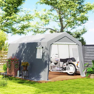 Produktbild von Gerätehaus Satteldach wasserdicht, Gerätezelt Metall PE-Plane, Gartenzelt Hellgrau | 447x300x255 cm | 26 kg | verzinkter Rahmen