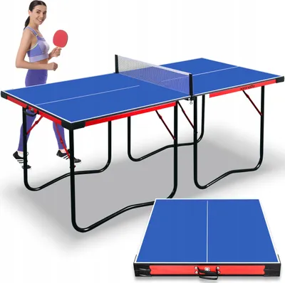 A woman is posing with a blue ping pong table. The table is shown in its open state, with a net set up. A folded version of the table is also shown in the foreground.