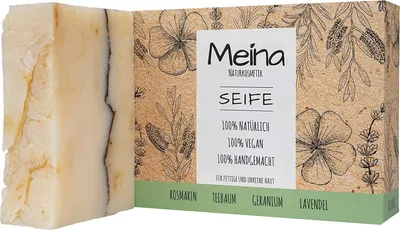 Produktbild von Meina Naturkosmetik - Seife mit Rosmarin, Teebaum, Geranium und Lavendel (1 x 100 g) Palmölfrei, Natürlich, Vegan, Handgemacht, Bio Naturseife - Körperpflege und Gesichtspflege S-1001