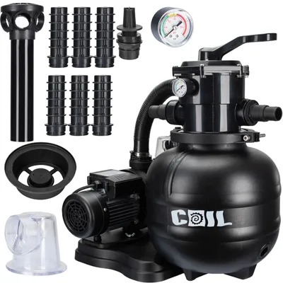 Zdjęcie produktu dla Pompa piaskowa COIL, filtr piaskowy do basenów, pompa basenowa, pompa filtracyjna, wydajność: 7000 l/h, zawór 7-drogowy z manometrem, ciśnienie robocze 1,5 bar, moc: 250 W, pojemnik na piasek: 20 kg,
