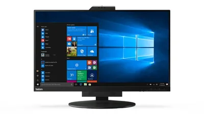 A Lenovo ThinkCentre all-in-one computer is shown from the front against a white background.