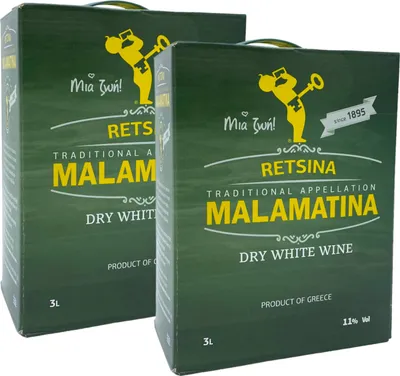 Produktbild von Retsina Malamatina 2x 3,0l Bag-in-Box | Geharzter Weißwein aus Griechenland | 11% Vol. | +20ml Jassas Olivenöl