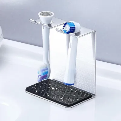 Zdjęcie produktu dla Uchwyt na szczoteczki do zębów, metalowy, srebrny, do montażu na ścianie lub do postawienia, z podstawką absorbującą wodę, przeznaczony na 3 szczoteczki