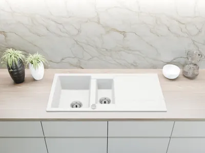 Produktbild von [Granitspüle 100x50 +Spülkorb mit Armatur] Hochwertige Eckige Einbaugranitspüle Granit Spülbecken f. Unterschränke ab 45 cm inkl.Siphon Set, Farbe:Weiß