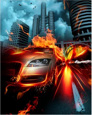 Produktbild von Wallario Poster - Brennendes  fahrendes Auto, Kunstdruck Größe: 40 x 50 cm