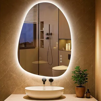 Zdjęcie produktu dla Asymetryczne lustro do łazienki z oświetleniem LED, 83x60 cm, z powłoką anty-mgielną, 3 barwy światła. Lustro do łazienki z oświetleniem, możliwość regulacji jasności, funkcja pamięci, energooszczędne, możliwość montażu w poziomie lub w pionie