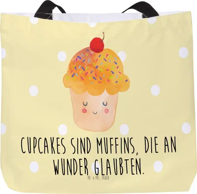 Produktbild von Mr. & Mrs. Panda Tote Bag Cupcake - Gelb Pastell - Geschenk, Cupcakes, Reisetasche, Wunder, Muffin, Strandtasche, Laptoptasche, Lustige Sprüche, Küche Deko, Motivation