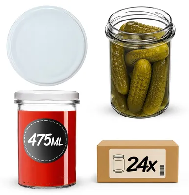 Imagen del producto de Tarros de vidrio KADAX de 475 ml con tapa de rosca de 82 mm de diámetro, ideales para conservas, mermeladas y miel (blancos, 24 unidades)