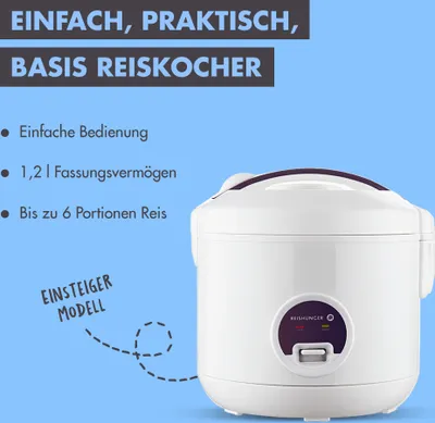 Produktbild von Reishunger Reiskocher 1.8 L, Keramikbeschichtung, Dampfgarfunktion, Weiß, 10 Portionen, inkl. Zubehör, 700 W, Schweiz kompatibel