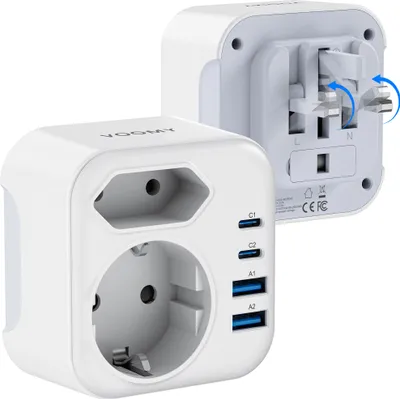 Produktbild von VOOMY Reiseadapter UK Typ G – Für Großbritannien, USB-C & USB-A – 2 EU-Steckdosen – Faltbare Pins – Weiß