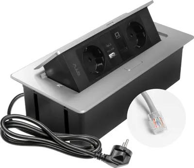 Produktbild von GTV - Einbausteckdose MULTISOFT aluminium mit 2x Schuko, USB A+C, RJ45, versenkbar mit Abdeckung, 1,5?m Kabel, ideal für Schreibtisch, Konferenztisch oder Küchenarbeitsplatte