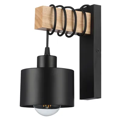 A black pendant wall lamp with a wooden accent, shown against a white background.
