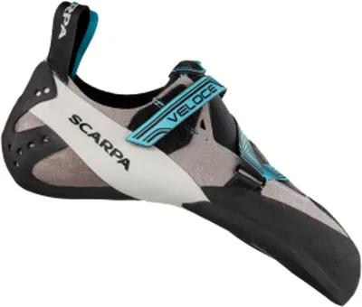 Kletterschuhe Veloce von Scarpa; schwarz und grau mit blauen Akzenten; für Klettern geeignet.
